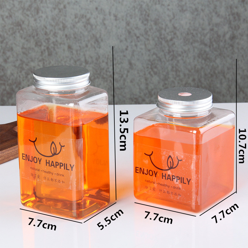 500ml 650ml Empty Square PET Bubble Boba Cup Plastic Juice Beverage Smoothies Bottle Jar with Caps Silk Printing Drink Container