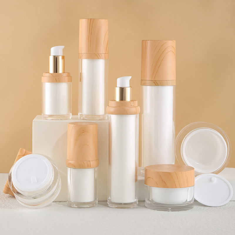 Bamboo Wood Grain Cover Lid Airless Cosmetic Bottle Jar Set skincare plastic serum lotion bottle eye cream packaging jar