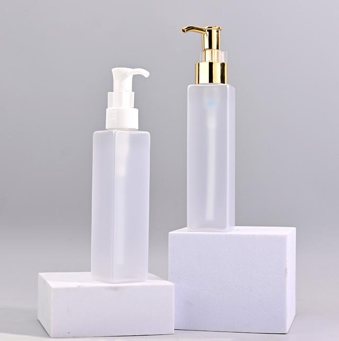 150ml PET Plastic square clear frosted cosmetic lotion hair conditioner makeup remover oil cleanser bottle gold pump