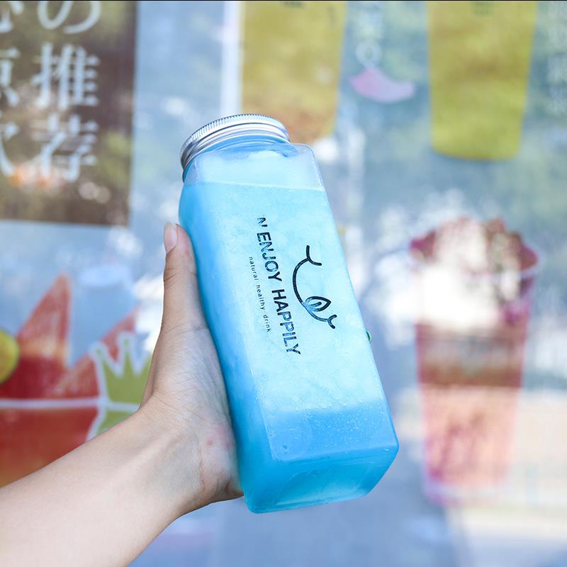 Empty Square Shape Food Grade Disposable PET Plastic Beverage Bottle with Screw Lids Fresh Fruit PET Plastic Juicer Bottle