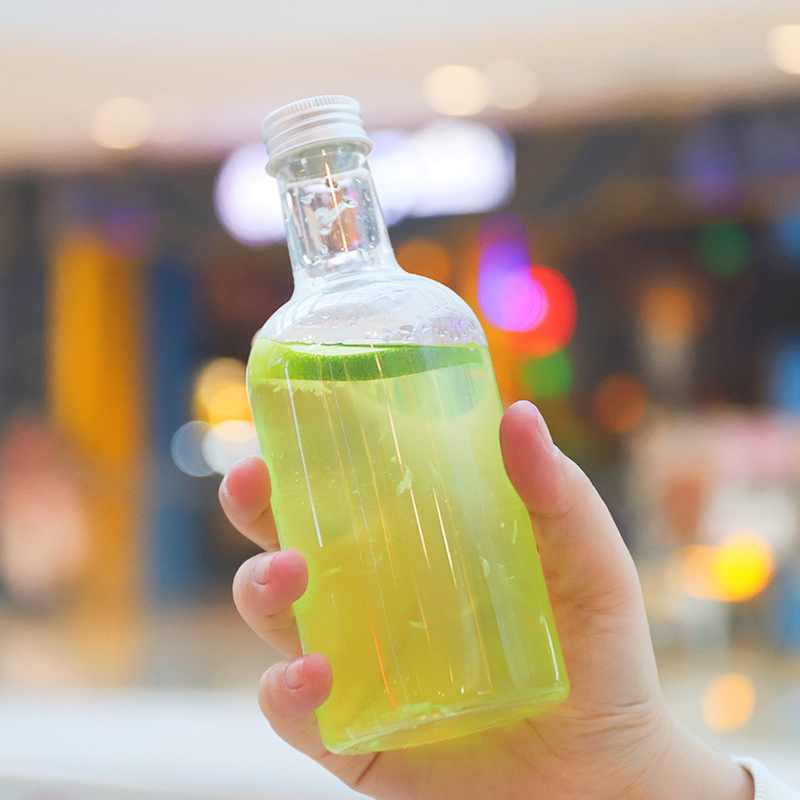350ml 12oz 360ml 375ml 500ml pet transparent juice bottle with aluminum lid & label food grade boba milk tea whisky wine bottle