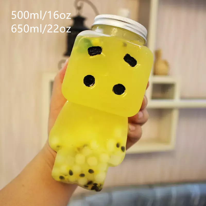 500ml/16oz Robot PET Juice Water Container Plastic Packaging Boba Bubble Drink Bottle with Straw Hole Lid Cute Kids Drinking Cup