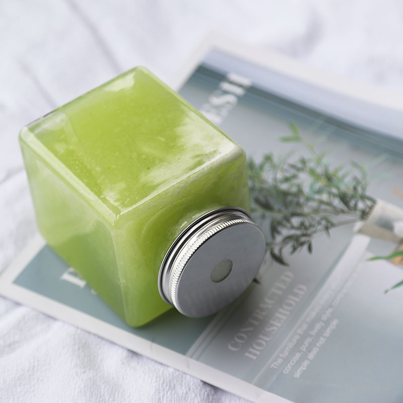 Custom 500ml Empty PET plastic square jar with aluminum lid for snack in stocks square Juicer bottle