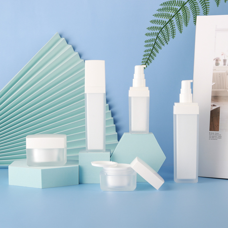 Luxury Matte Frosted White Square Cosmetic Bottle Set 30ml 50ml 100ml Acrylic Double Wall Pump Spray Bottle 30g 50g Cream Jar