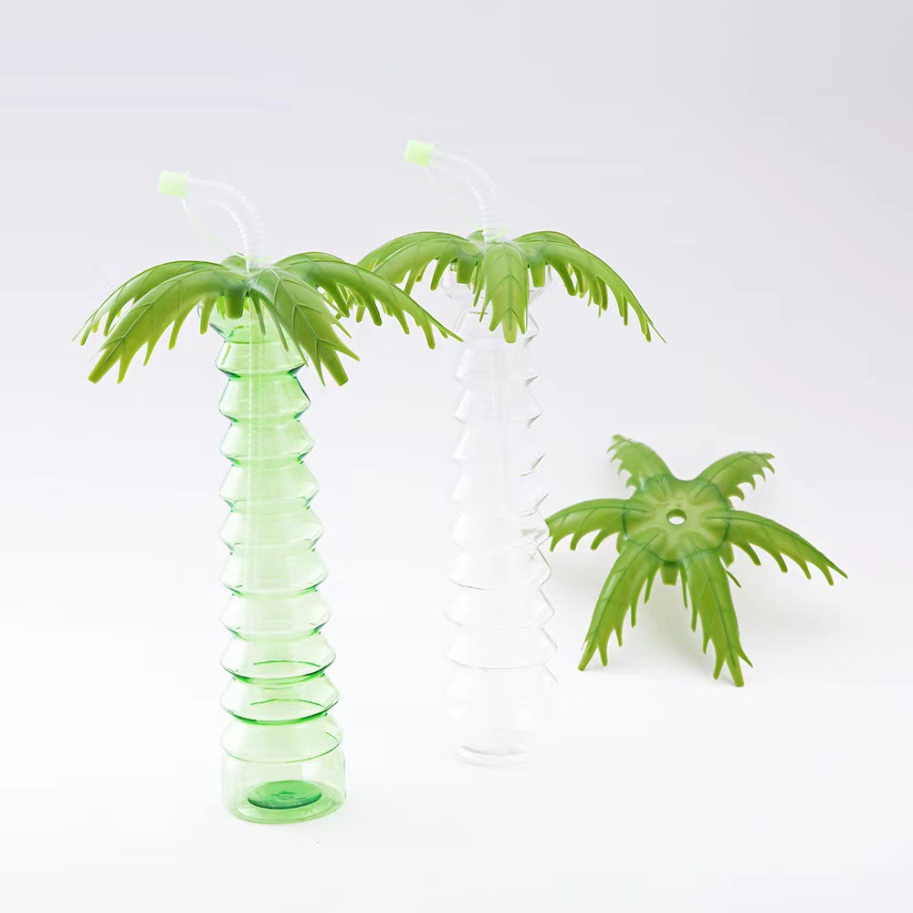 500ml 16oz Coconut Tree Plastic Straw Cup Transparent PET Juice Bottle for Kids Gifts Plastic Water Drink Bottles Disposable