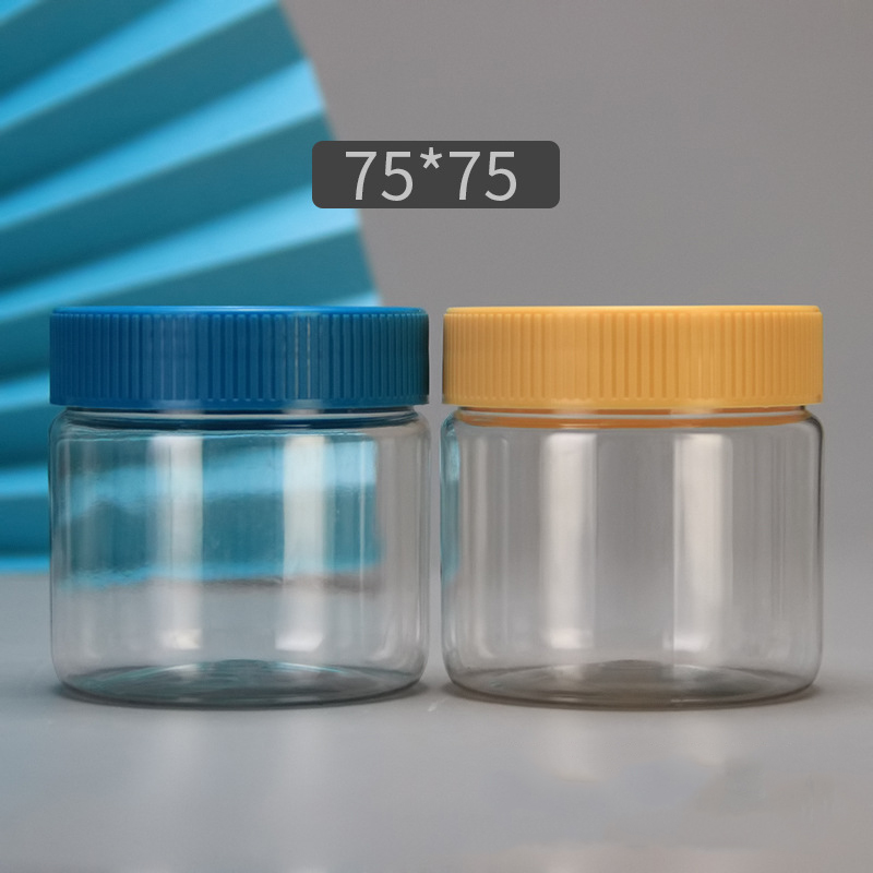 peanut butter Round PET bottles dried fruits food storage PET jar with colorful screw lid 150ml 250ml 500ml