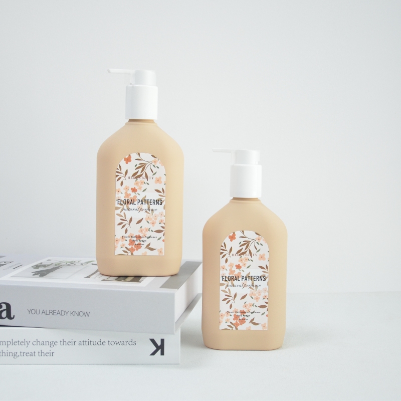 300ml PET Plastic Body Lotion Pump Bottle Dispenser Flat Shampoo Soft Touch Cosmetic Manufacturer Packaging Screen Printing