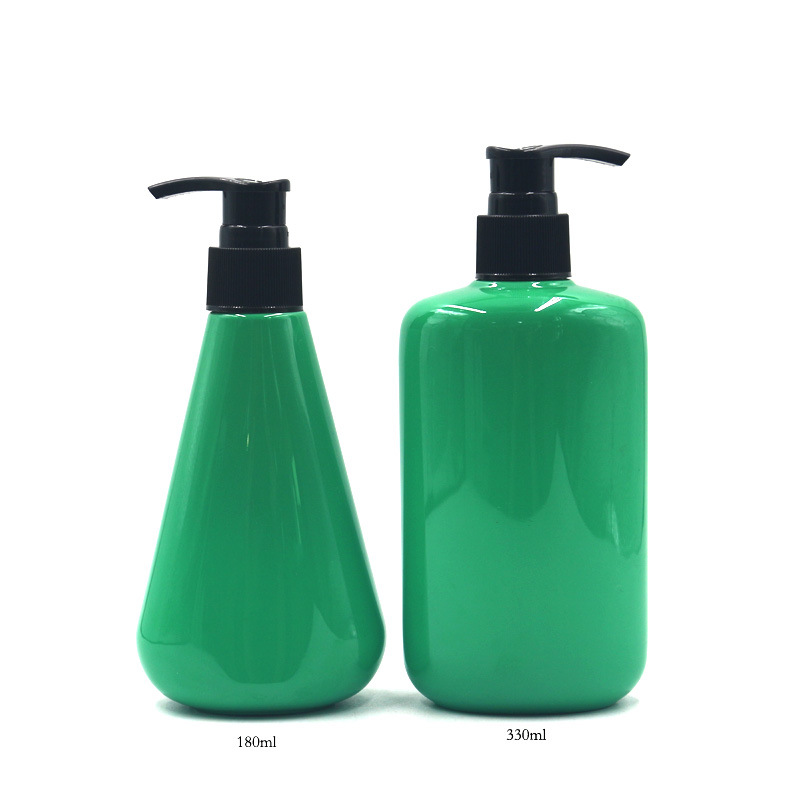 180ml solid color conical curved flat oval green PET plastic bottle Plastic shampoo bottle Lotion bottle with pump