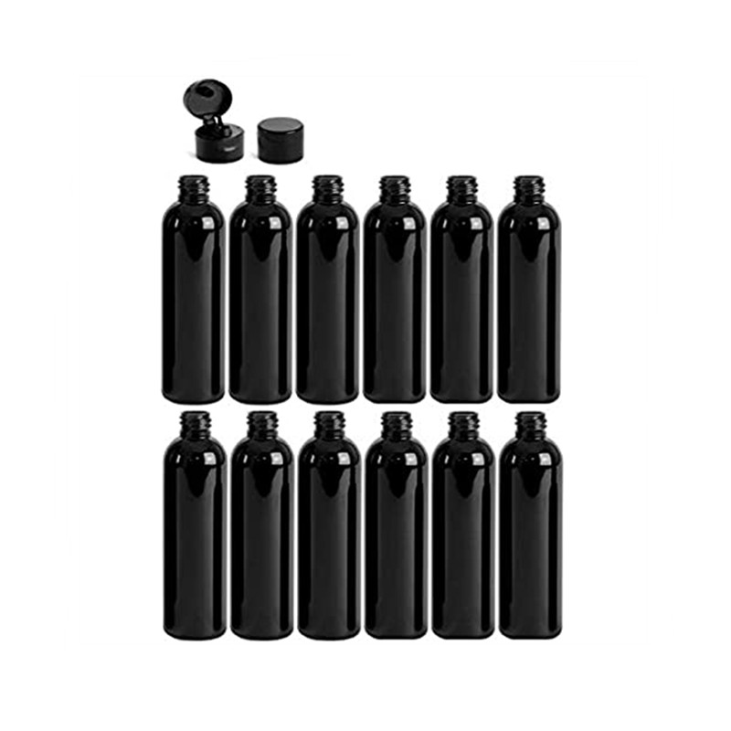 60ml 2oz 250ml 500ml 8oz 16 ounce Refillable Black Boston Bottle with Disc Cap PET Cosmo Round Plastic Bottle with Twist Top Cap