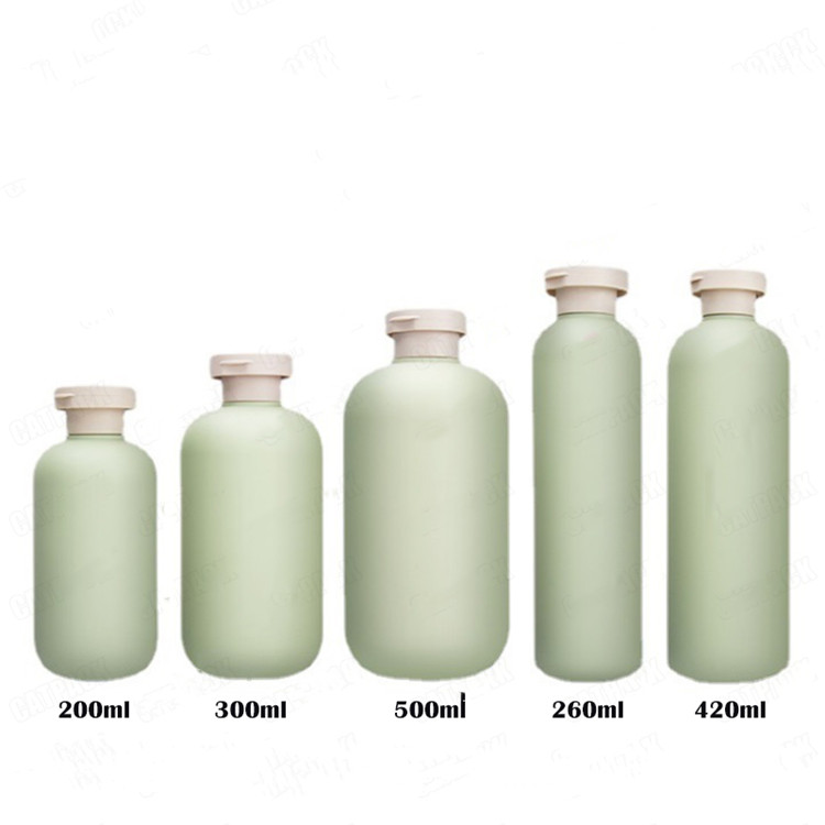 Custom 250ml soft touch round shoulder 200ml flip top green shampoo bottle 300ml pe shower gel container conditioner packaging
