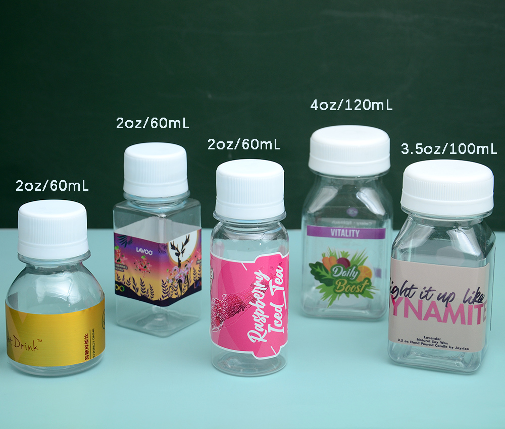 2oz 3oz 4oz Empty PET Small Drinking Containers Plastic with Lids 60ml 100ml Mini Energy Ginger Juice Shot Bottles with Caps
