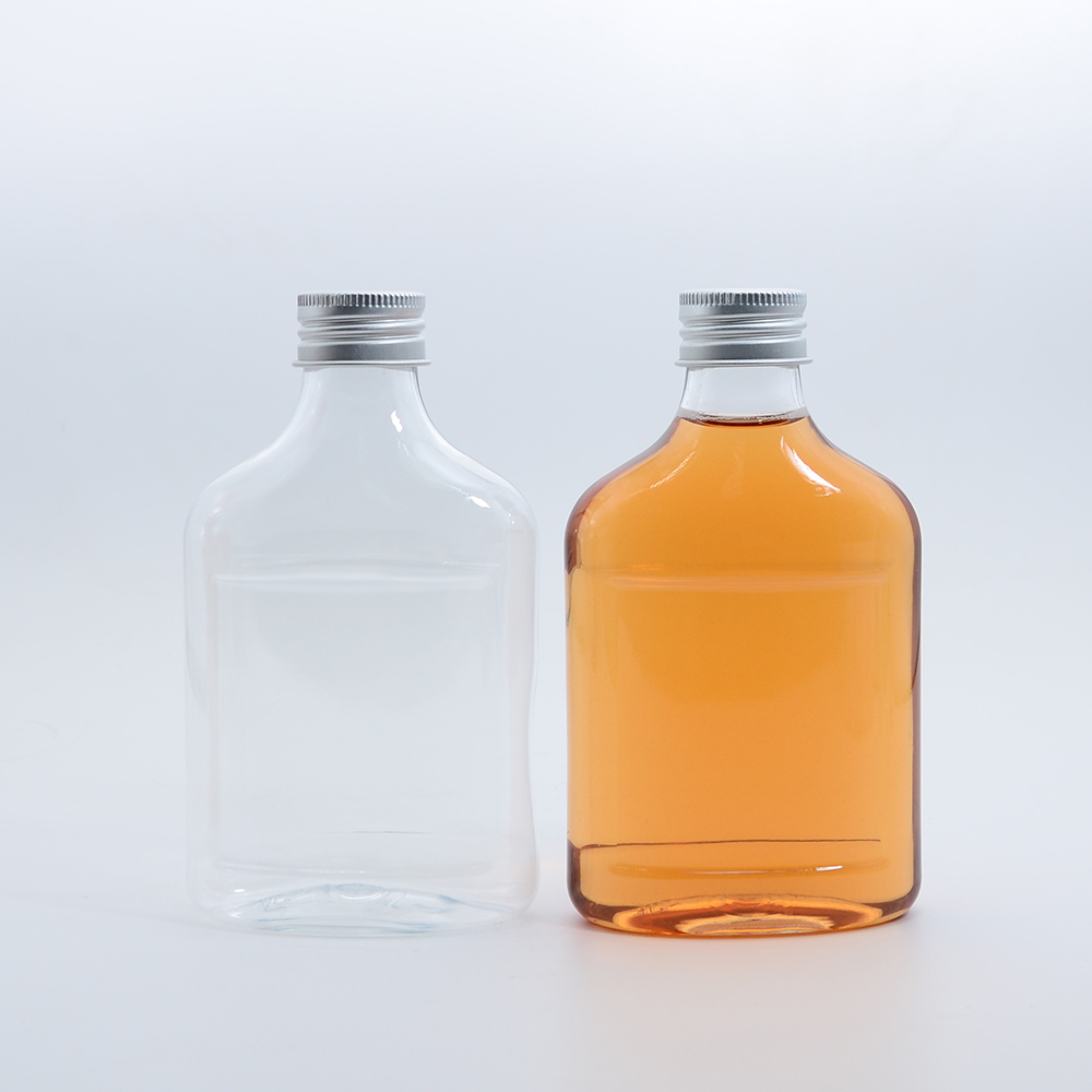 Wholesale Custom 100ml 200ml 250ml 350ml 500ml  clear Plastic flat juice bottles for soft drink With Aluminum cover