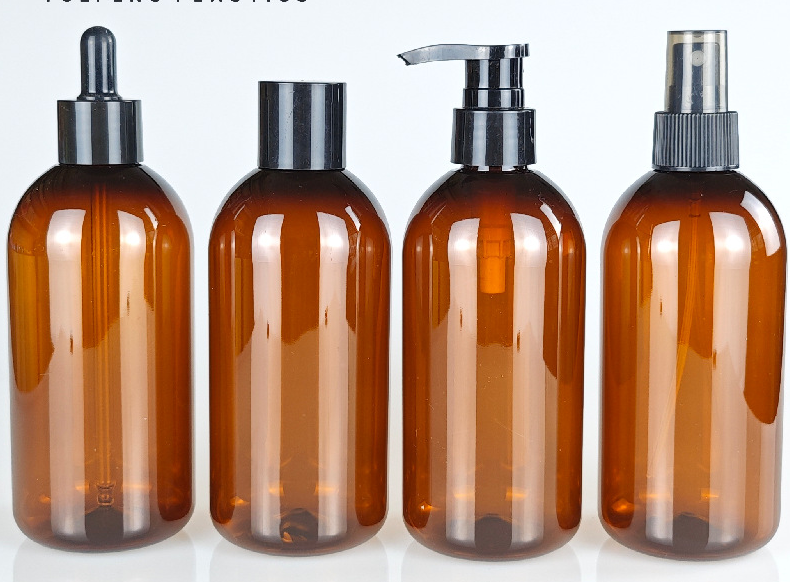 Custom 300ml PET Amber boston round Personal Care Body Lotion Packaging Shampoo Lotion Bottle plastic lotion pump bottle