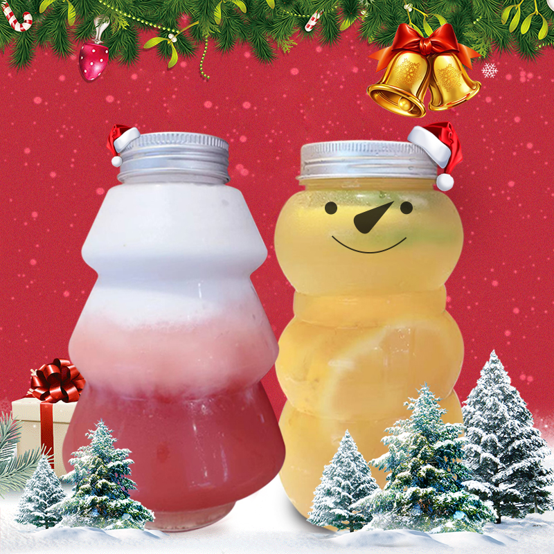 500ml/16oz Plastic Christmas Tree Shape Cute Snowman Bottle Gift MilkTea Boba Cup Xmas Sweet Candy Container Cookie Jar with Lid