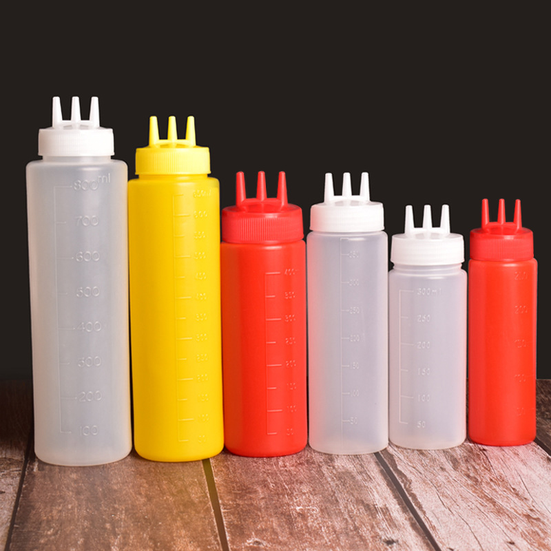 Food Grade Plastic three hole Sauce Dispense Squeeze Bottle 10oz 12oz 16oz BPA Free Refillable PE BBQ Chill Ketchup Sauce Bottle