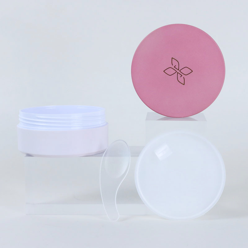100g Pink jars with lids Spoon logo printing on top Green PET Plastic Cosmetics jars for Body butter face mask Scrub jar 4oz