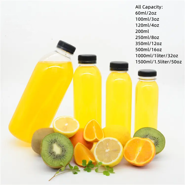 100ml 250ml 350ml 500ml 1L Empty Round Plastic Juice Shot Bottle Screw Cap Clear PET Bottle Cold Drink Custom Print Logo Labels