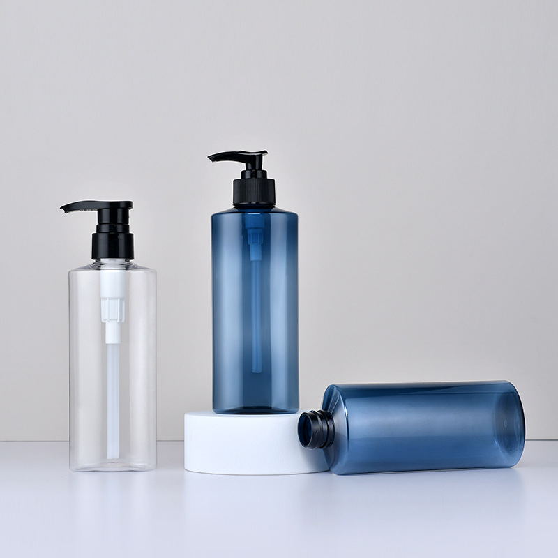 Luxury 300 ml 500ml Transparent Blue Shampoo Bottle PET Plastic Round Frosted Matte Lotion Pump Press Dispenser Bottle Wholesale