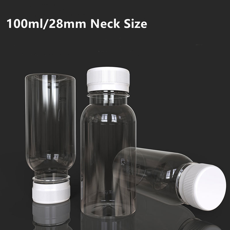 100ml 28mm Small Mini Samples PET Plastic Empty Round Juice Drink Containers Energy Ginger Shot Bottles with Tamper Proof Caps
