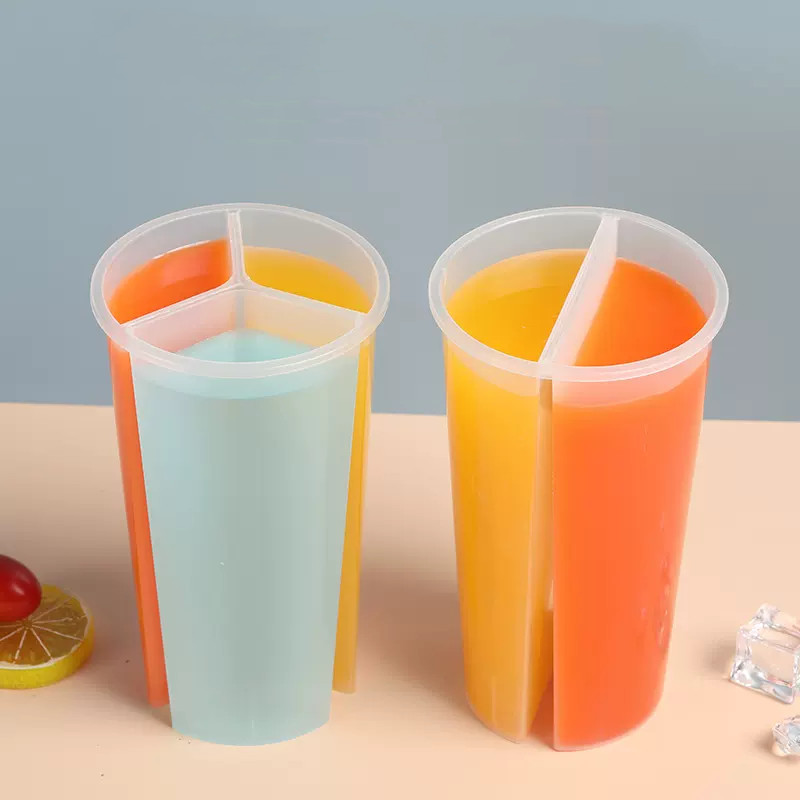 700ml/24oz Disposable PP Plastic Double Shared Compartments Twin Split Cup with Lid for Slushie Juice Boba Bubble Tea Drink Cup