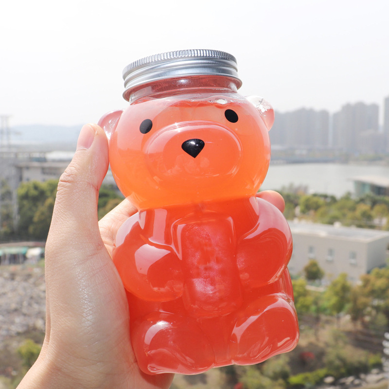 500ml/16oz Teddy Gummy Bear Bubble Boba Milk Tea Cups Unique Drinking Container Juice Plastic Water Bottle with Straw Hole Lids
