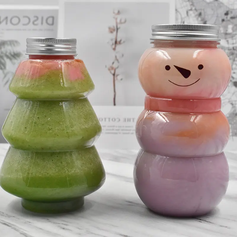 Cute Snowman Bottle for Boba Cup Milk Tea Coffee Christmas Tree Shape Plastic Juice Bottle 200ml 300ml 500ml Christmas Gift Jar