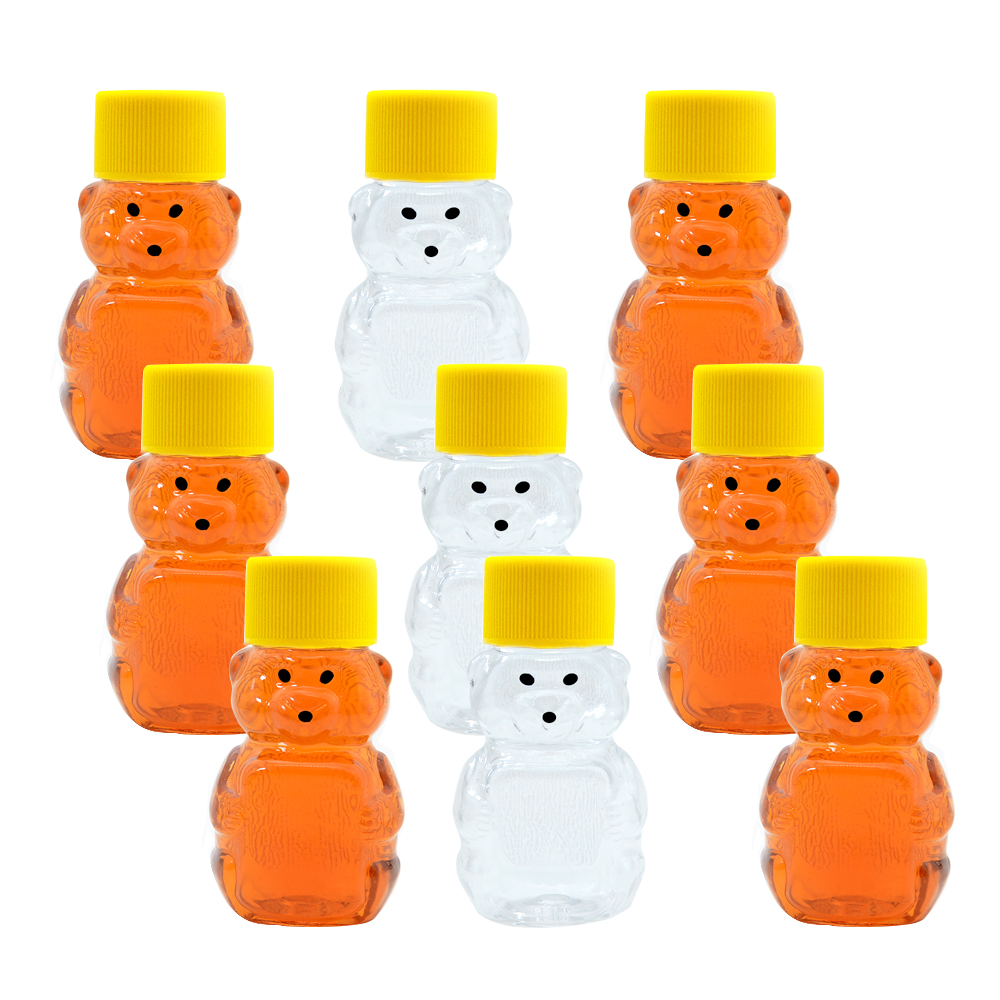 Wholesale Small 2oz Honey Bear Bottles Jars Clear PET Plastic Mini Honey Bears Squeeze Bottle with Yellow Screw Top Caps
