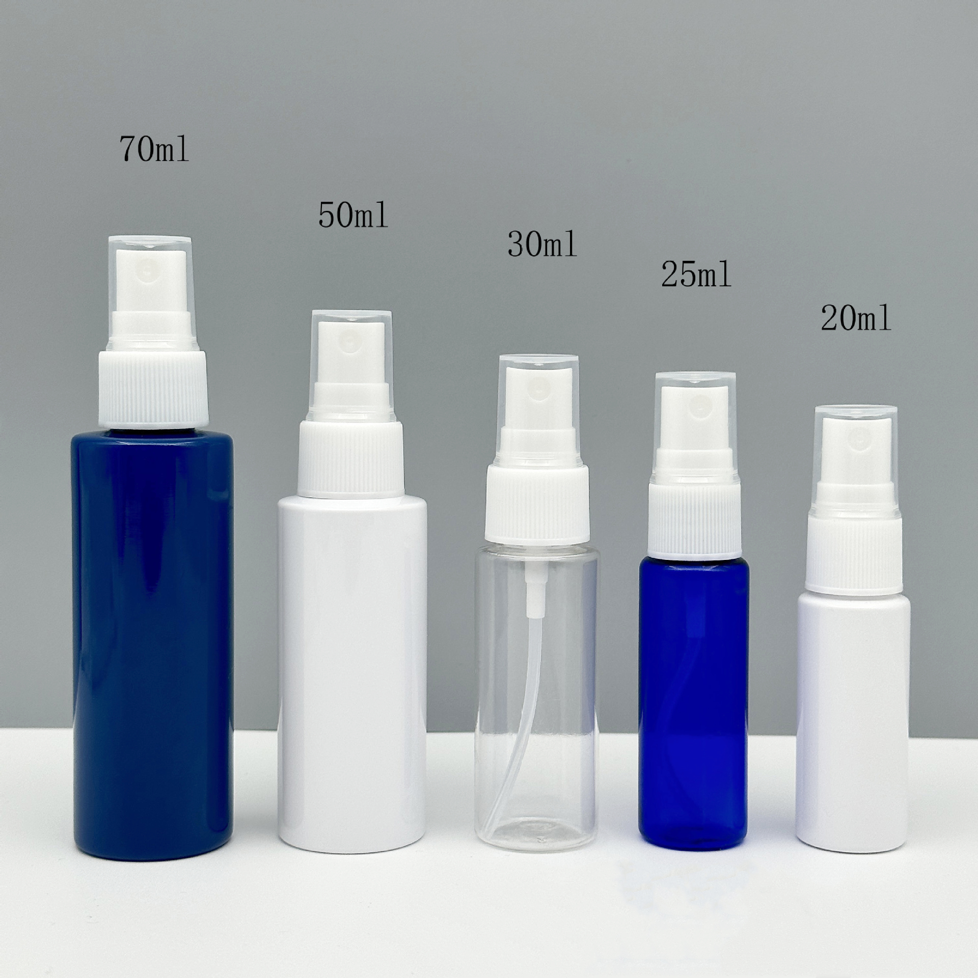 50ml 100ml 120ml 150ml plastic body spray bottles Blue Clear White Flat Shoulder Round PET 4 oz plastic spray bottles
