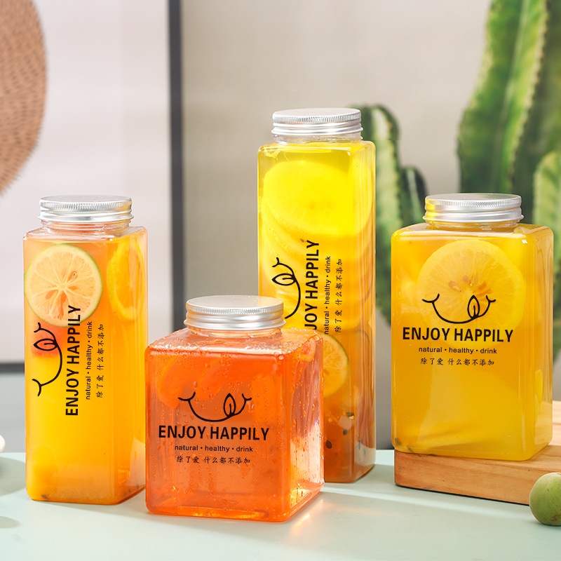 500ml 650ml Empty Square PET Bubble Boba Cup Plastic Juice Beverage Smoothies Bottle Jar with Caps Silk Printing Drink Container