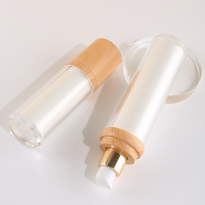 Bamboo Wood Grain Cover Lid Airless Cosmetic Bottle Jar Set skincare plastic serum lotion bottle eye cream packaging jar