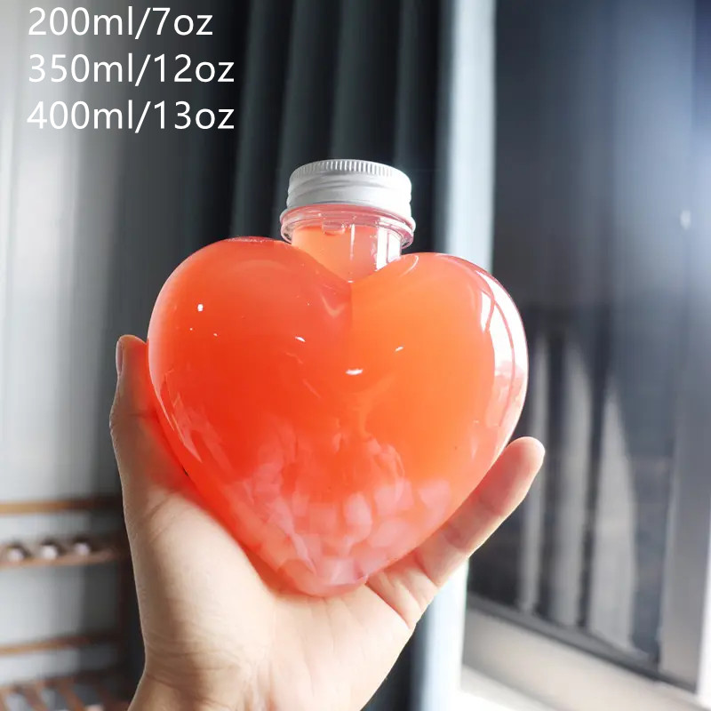 Bottles for Fresh Juice Beverage Unique Soft Drink PET Container Heart Shaped Plastic with Aluminum Cap 12 OZ Screen Printing