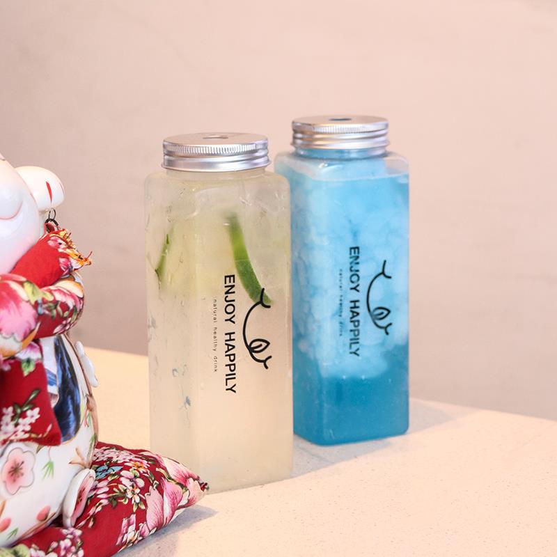 Empty Square Shape Food Grade Disposable PET Plastic Beverage Bottle with Screw Lids Fresh Fruit PET Plastic Juicer Bottle