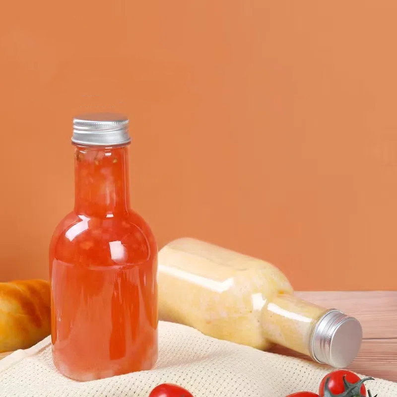 350ml 12oz 360ml 375ml 500ml pet transparent juice bottle with aluminum lid & label food grade boba milk tea whisky wine bottle