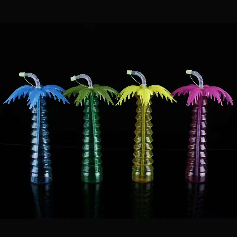 500ml 16oz Coconut Tree Plastic Straw Cup Transparent PET Juice Bottle for Kids Gifts Plastic Water Drink Bottles Disposable