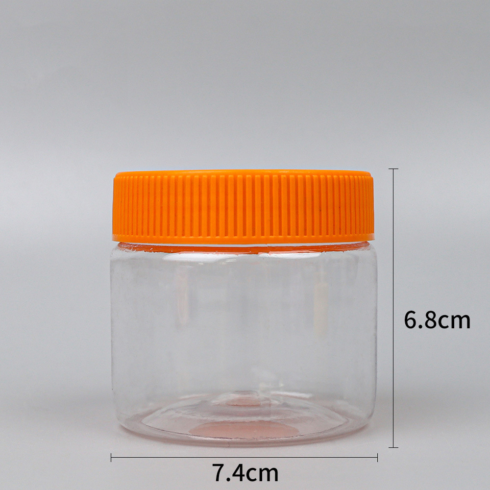 peanut butter Round PET bottles dried fruits food storage PET jar with colorful screw lid 150ml 250ml 500ml
