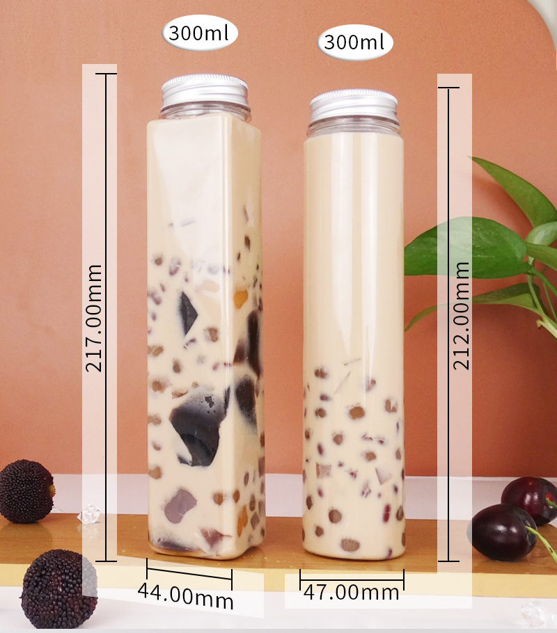 300ml Straight Sided Round Boba Tea Bottle Milk Tea Tall Tube Shape Juice Bottle Custom lOGO with Aluminum Cap PET Bubble Bottle