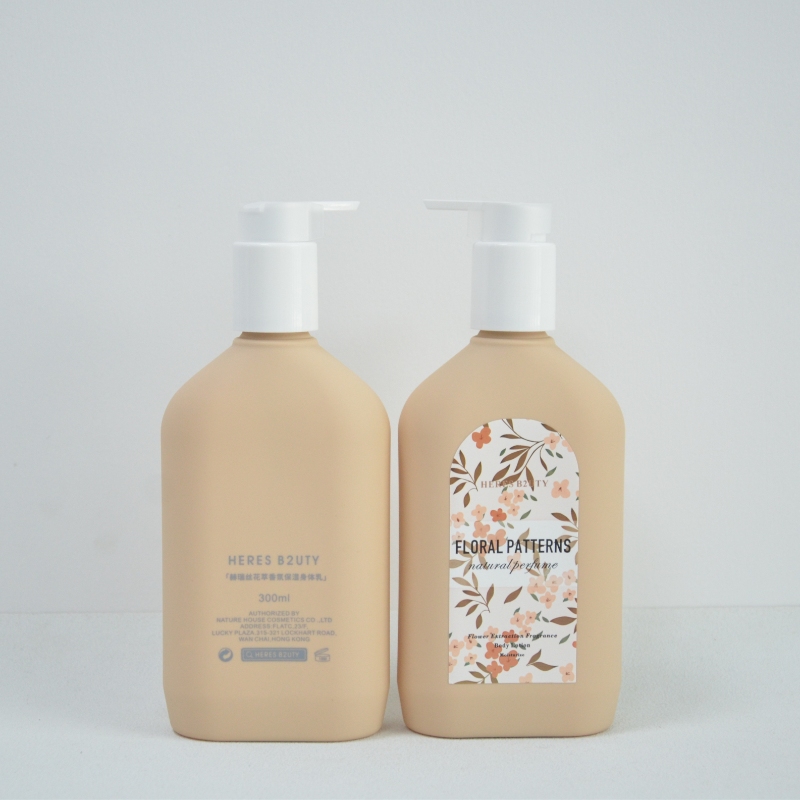 300ml PET Plastic Body Lotion Pump Bottle Dispenser Flat Shampoo Soft Touch Cosmetic Manufacturer Packaging Screen Printing
