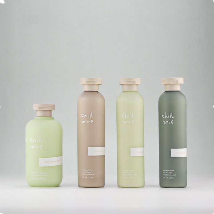 Custom 250ml soft touch round shoulder 200ml flip top green shampoo bottle 300ml pe shower gel container conditioner packaging