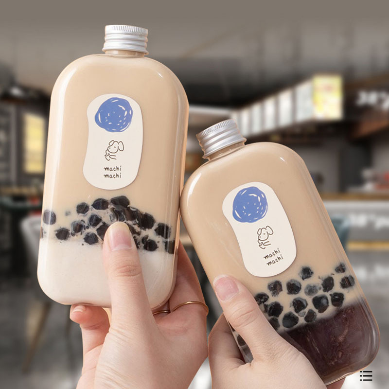Wholesale Food Grade 250ml 350ml 400ml Flat square cute plastic juice bottle disposable beverage PET bottle with aluminum cap