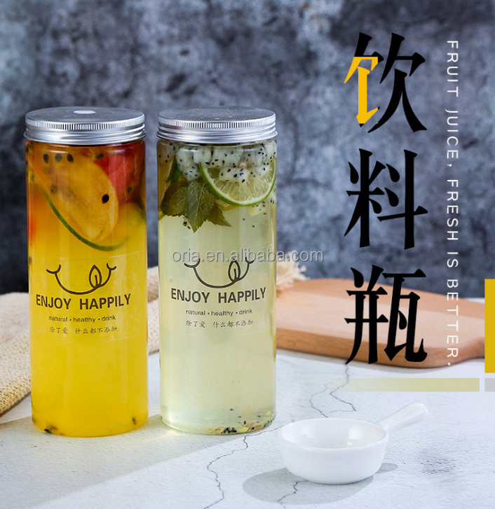 Plastic Juice Milk Bottle 200ml Clear Round Beverage Cans Custom Drinking Packaging Container With Aluminum Cap for Cold Drink
