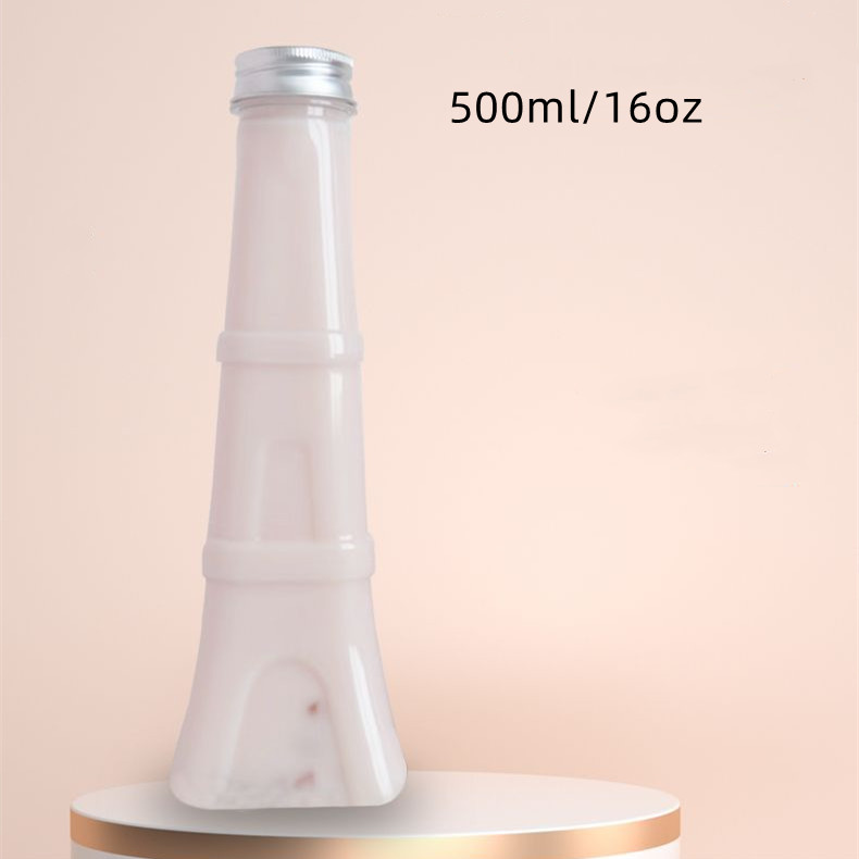 Custom 500ml/16oz Unique Creative Tower Shape Plastic Disposable Beverage Juice Bottle Drink Container Bubble Boba Cups with Lid