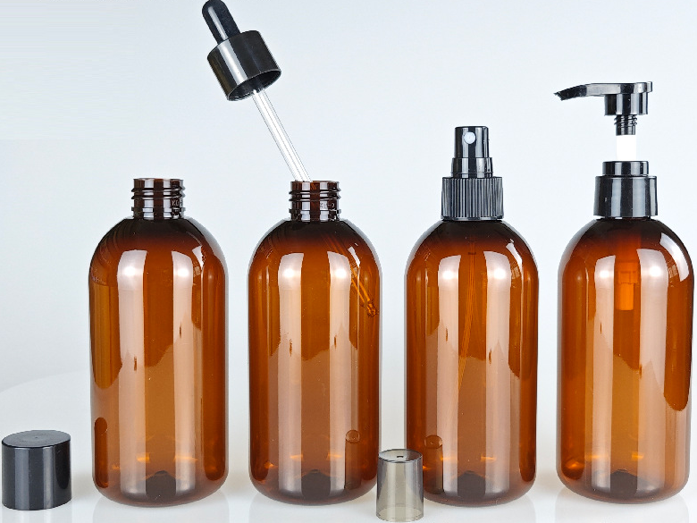 Custom 300ml PET Amber boston round Personal Care Body Lotion Packaging Shampoo Lotion Bottle plastic lotion pump bottle