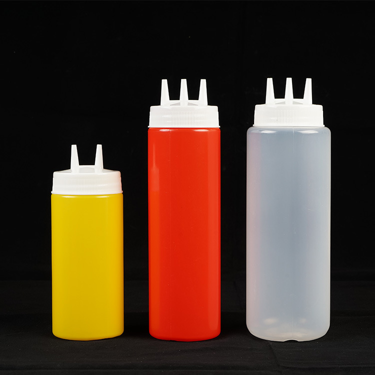 Food Grade Plastic three hole Sauce Dispense Squeeze Bottle 10oz 12oz 16oz BPA Free Refillable PE BBQ Chill Ketchup Sauce Bottle