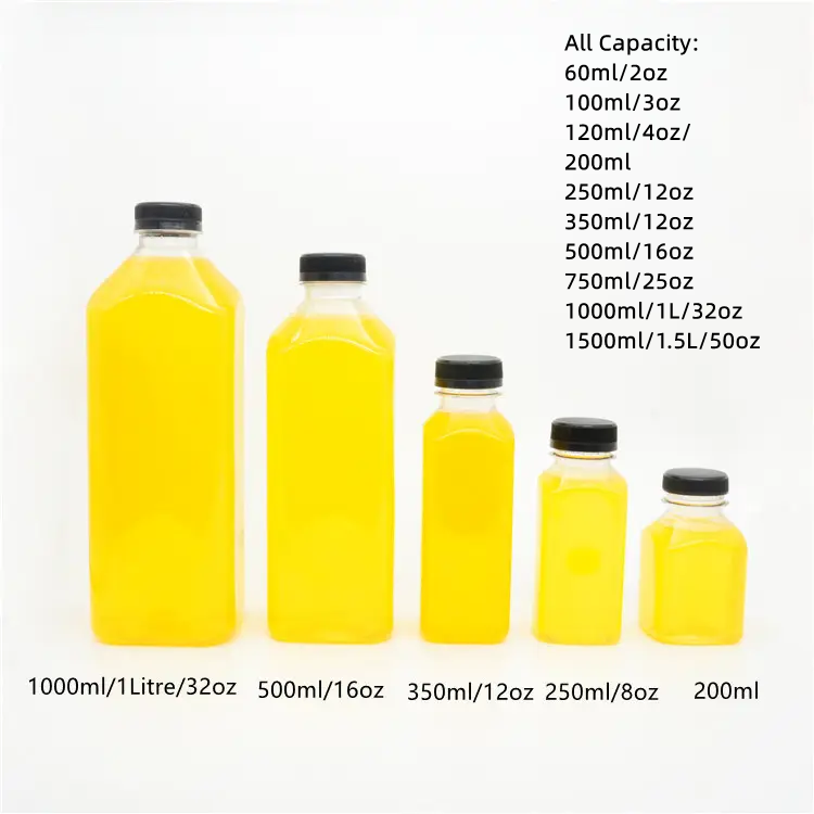 100ml 250ml 350ml 500ml 1L Empty Round Plastic Juice Shot Bottle Screw Cap Clear PET Bottle Cold Drink Custom Print Logo Labels