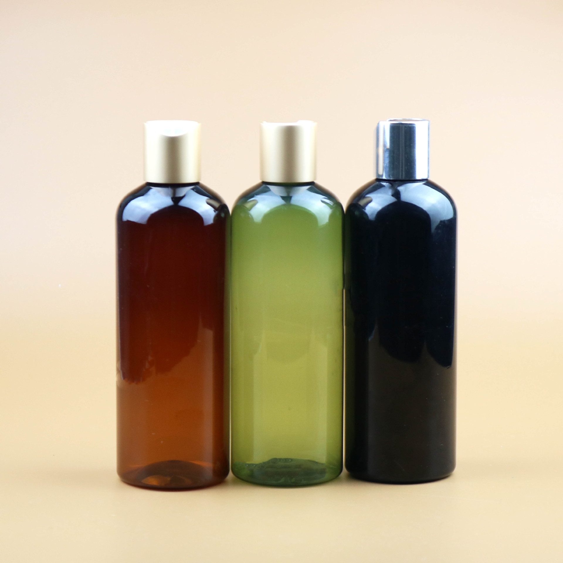 300ml flat shoulder round PET Shampoo bottle with electroplating disc cap Cosmetic Lotion Essence Toner Perfume body wash bottle