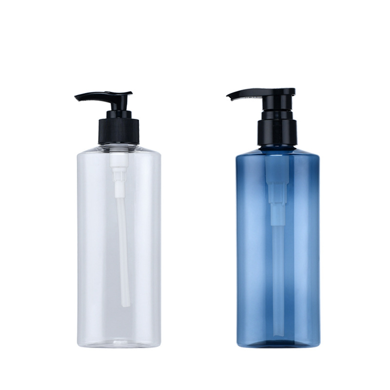 Luxury 300 ml 500ml Transparent Blue Shampoo Bottle PET Plastic Round Frosted Matte Lotion Pump Press Dispenser Bottle Wholesale
