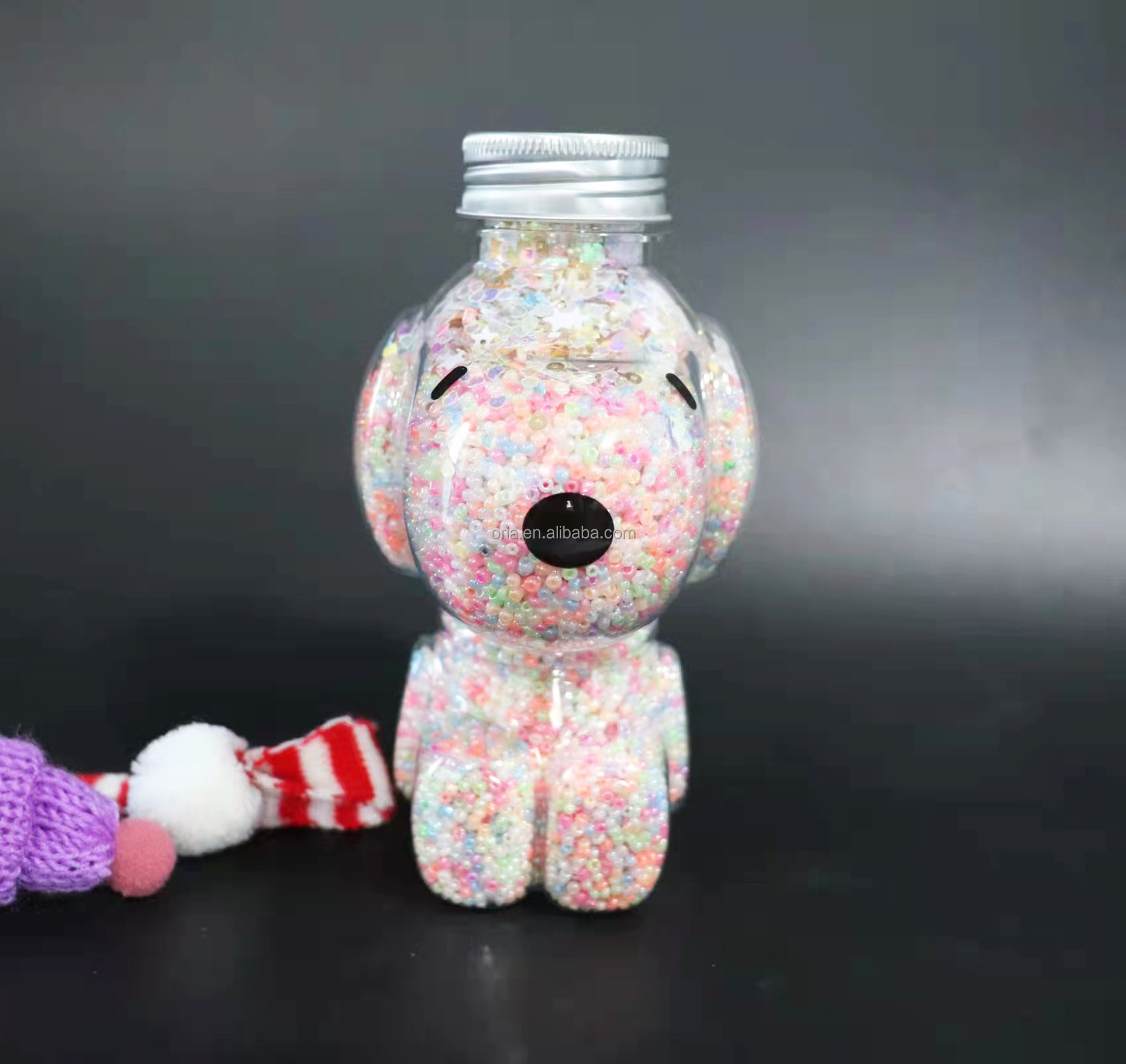 Wholesale puppy animal shaped food grade Pet plastic water bottle with aluminum lid 350ml 500ml beverage juice container
