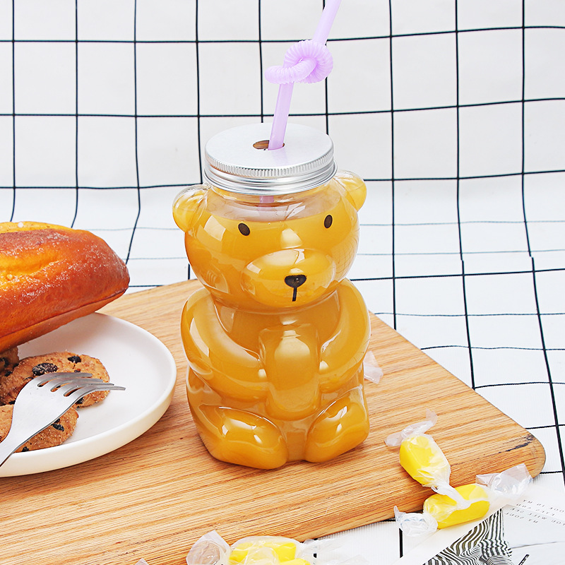 500ml/16oz Teddy Gummy Bear Bubble Boba Milk Tea Cups Unique Drinking Container Juice Plastic Water Bottle with Straw Hole Lids
