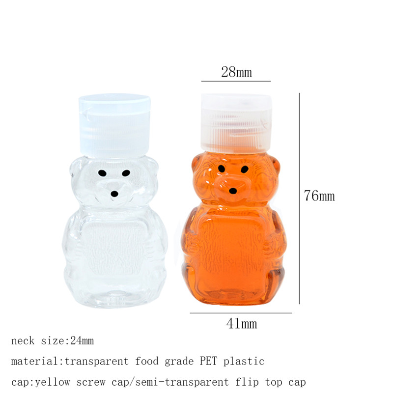 Wholesale Small 2oz Honey Bear Bottles Jars Clear PET Plastic Mini Honey Bears Squeeze Bottle with Yellow Screw Top Caps