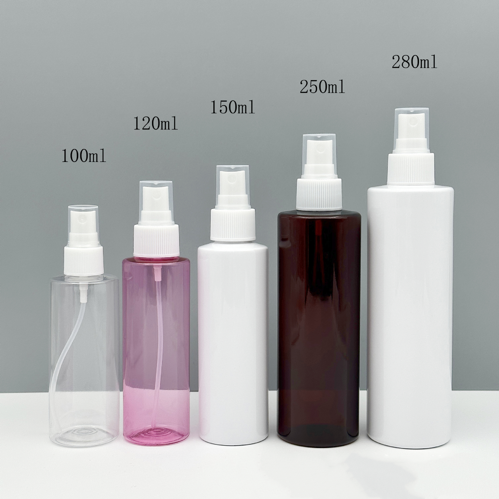 50ml 100ml 120ml 150ml plastic body spray bottles Blue Clear White Flat Shoulder Round PET 4 oz plastic spray bottles